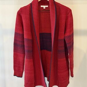 CAbi Red Open-Front Cardigan with Navy Patterned Panels